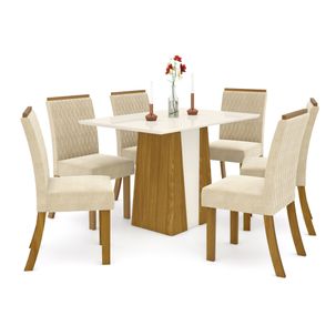 Mesa de Jantar Orus 120cm 6 Cadeiras Vega - Nature/Off White/Linho