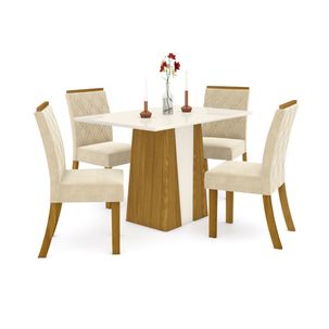 Mesa de Jantar Orus 120cm 4 Cadeiras Vita - Nature/Off White/Linho