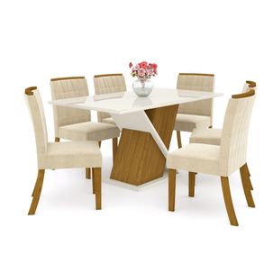 Mesa de Jantar Solus com 6 Cadeiras Tauá - Nature/Off White/Linho