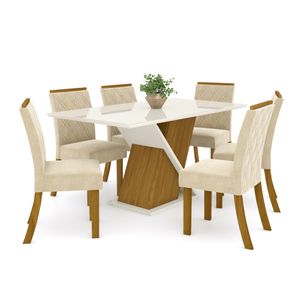 Mesa de Jantar Solus com 6 Cadeiras Vita - Nature/Off White/Linho