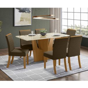Mesa de Jantar Vértice 160cm 6 Cadeiras Vega - Nature/Off White/Marrom Claro