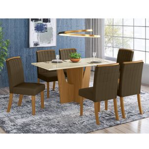 Mesa de Jantar Vértice 160cm 6 Cadeiras Tauá - Nature/Off White/Marrom Claro