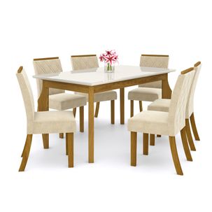 Mesa de Jantar Ghala 160cm 6 Cadeiras Vita - Nature/Off White/Linho