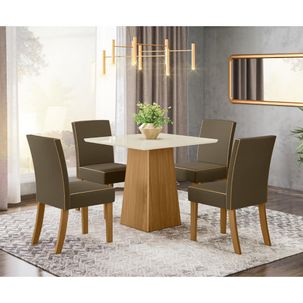Mesa de Jantar Dora 90cm 4 Cadeiras Maris - Nature/Off White/Marrom Claro