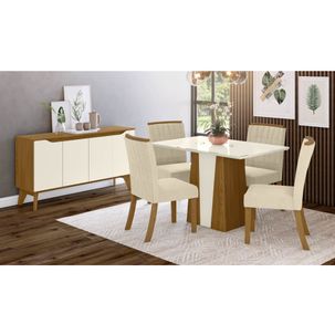 Conjunto Mesa de Jantar 4 Cadeiras e Buffet - Nature/Off White/Linho
