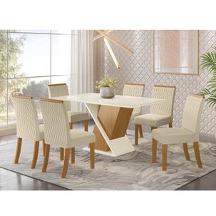 Mesa de Jantar Solus com 6 Cadeiras Vega - Nature/Off White/Linho