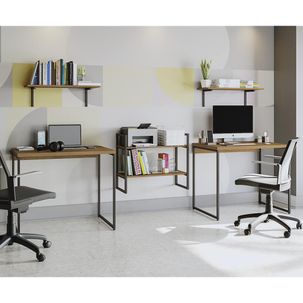 Kit Escritório Industrial com 2 Mesas/Nicho/Prateleiras - Freijó/Preto