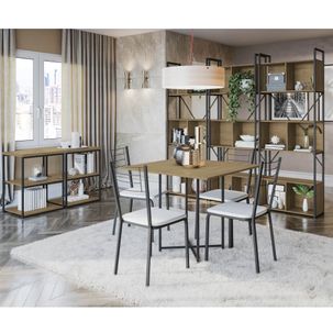Kit Sala de Jantar Industrial c/Mesa com 4 Cadeiras e 5 Estantes - Freijó/Preto