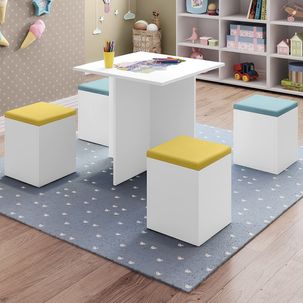Conjunto Mesa Infantil com 4 Banquetas Funny Appunto Branco/Azul/Amarelo