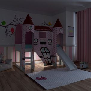 Cama Infantil Alta Joy com Escorregador/2 Dosséis Torre Doce Casinha e Led - Rosa/Branco