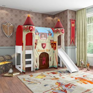 Cama Infantil Alta Joy com Escorregador e 2 Dosséis Torre Castelo Forte - Vermelho/Branco