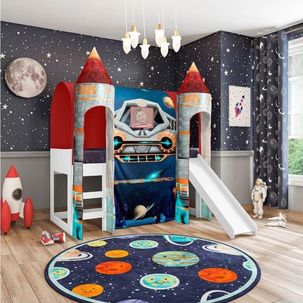 Cama Infantil Alta Joy com Escorregador e 2 Dosséis Torre Space Pura Magia Branco