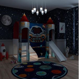 Cama Infantil Alta Joy com Escorregador/2 Dosséis Torre Space e Led Pura Magia Vermelho/Branco