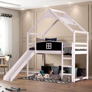 Cama Infantil Lousa Divertida com Telhado Inclinado Lua e Escorregador Altura 125 cm Branco - Casatema