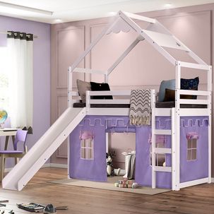 Cama Infantil Divertida Altura 125cm com Escorregador, Telhado Lua e Tenda Branco/Lilás - Casatema