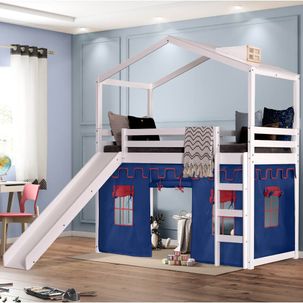 Cama Infantil Divertida Altura 125cm com Escorregador, Telhado Clarabóia e Tenda Branco/Azul - Casatema