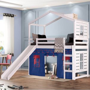 Cama Infantil Divertida Altura 125cm com Escorregador, Telhado Clarabóia, Janelas I/II e Tenda Branco/Azul - Casatema