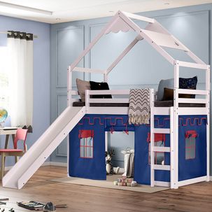 Cama Infantil Divertida Altura 125cm com Escorregador, Telhado Lua e Tenda Branco/Azul - Casatema