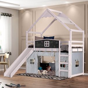 Cama Infantil Lousa Divertida com Escorregador, Telhado Lua e Tenda Branco/Cinza - Casatema