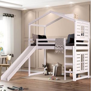 Cama Infantil Prime Alta II com Escorregador, Telhado Clarabóia, Janelas I/II Branco/Natural - Casatema