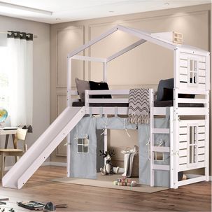 Cama Infantil Divertida Altura 125cm com Escorregador, Telhado Clarabóia, Janelas I/II e Tenda Branco/Cinza - Casatema