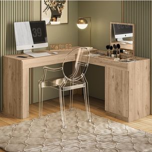 Escrivaninha Penteadeira de Canto 136x136cm com Espelho 1 Porta Star Belaflex Teca Supremo