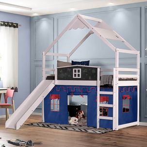 Cama Infantil Lousa Divertida com Escorregador, Telhado Lua e Tenda Branco/Azul - Casatema