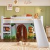 Cama Infantil Elevada com Escorregador Branco com Cortina Estampada Zoo Branco