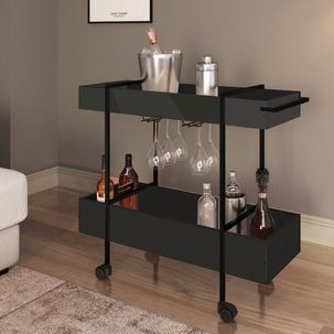 Carrinho de Chá e Bar com Porta Taças 93,5cm Steel Quadra Preto