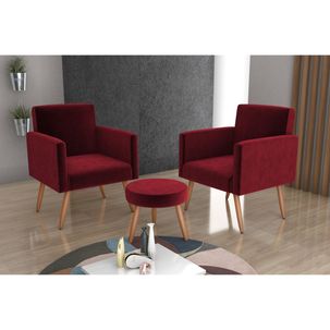 Conjunto 2 Poltronas e 1 Puff Dallas Matrix Veludo Maserati Vermelho