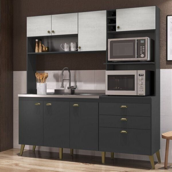 Cozinha Compacta 8 Portas 2 Gavetas 4 Nichos Donna Grafite Touch/Snow
