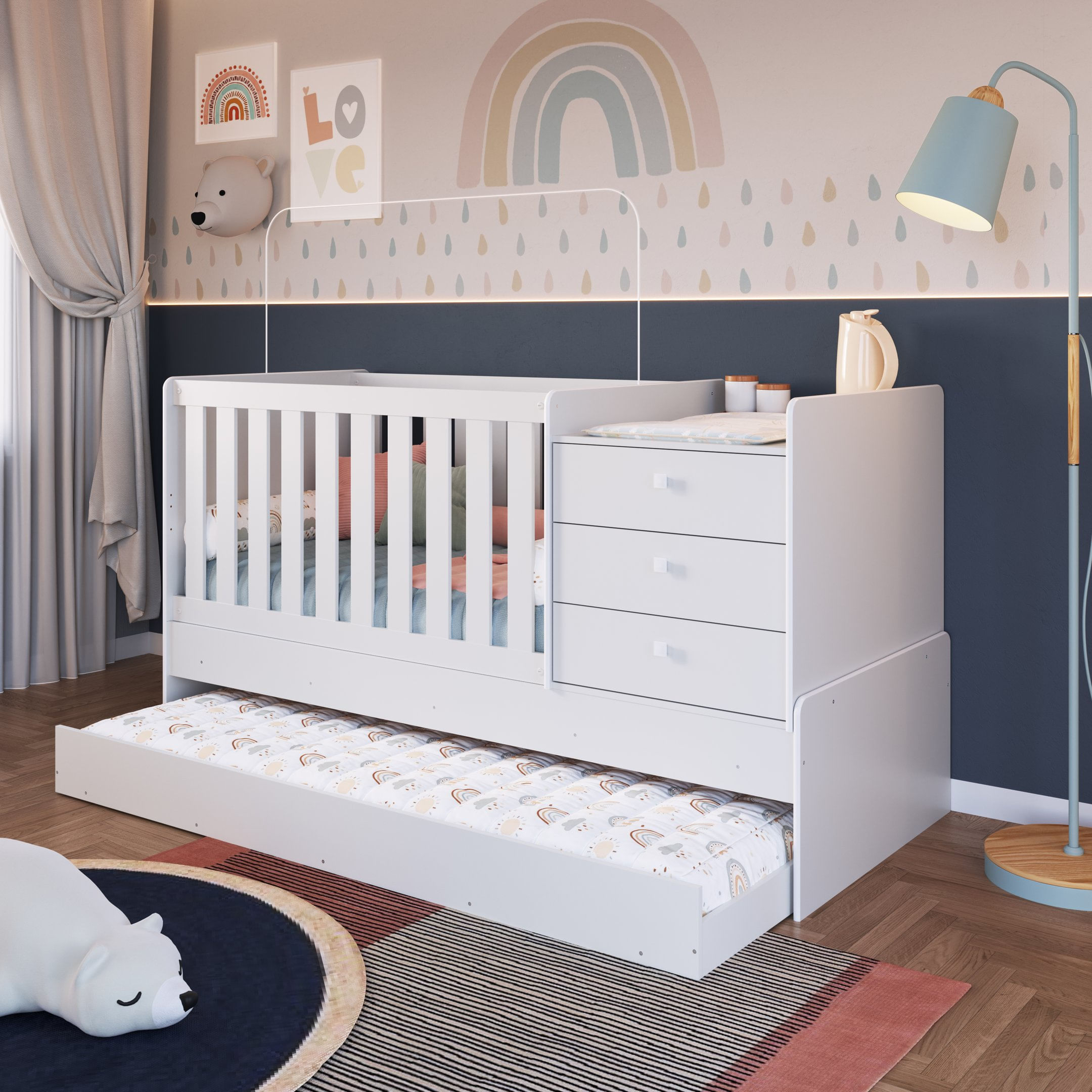 Berço Cama Multifuncional com Cama Auxiliar 3 Gavetas Branco