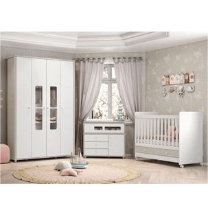 Quarto de Bebê Aquarela Berço, Guarda Roupa e Cômoda - Branco/Cristal