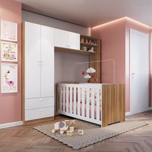 Conjunto para Quarto de Bebê com Guarda-Roupas e Berço com Colchão Nogal Manchester com Branco