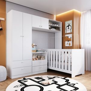 Conjunto Quarto Infantil com Berço 3 em 1, Cômoda 2 Gavetas 1 Nicho e Guarda-Roupas Branco