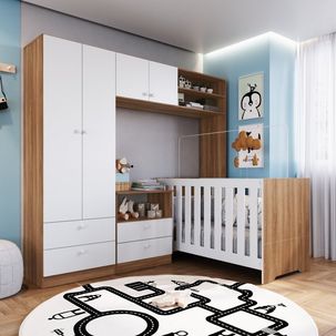 Conjunto para Quarto de Bebê com Berço 3 em 1, Cômoda e Guarda-Roupas Nogal Manchester com Branco