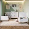 Quarto de Bebê Gêmeos com 2 Berços Cômoda Caixa de Brinquedos e 2 Nichos Favo de Mel Branco