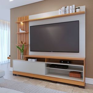 Estante Ripado Home Theater para TVs até 65 Polegadas com LED 1 Porta 4 Nichos Maceió Colibri Móveis Freijó/Off White