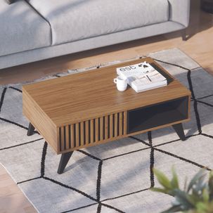 Mesa de Centro Retangular 1 Nicho Pés em Madeira Maciça Jeri  Móveis Noce Milano/Preto Fosco