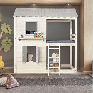 Cama Alta Infantil Club House Premium c/ Telhado Completo Casatema Branco/Cinza