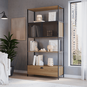 Estante para Livros Industrial Retrô Alta 2 Portas 1 Gaveta Madeira/Aço 180x90cm York Hanover/Preto