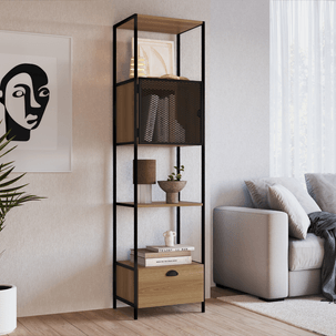 Estante para Livros Industrial Retrô Alta 1 Porta 1 Gaveta Madeira/Aço 180x46,5cm York Hanover/Preto