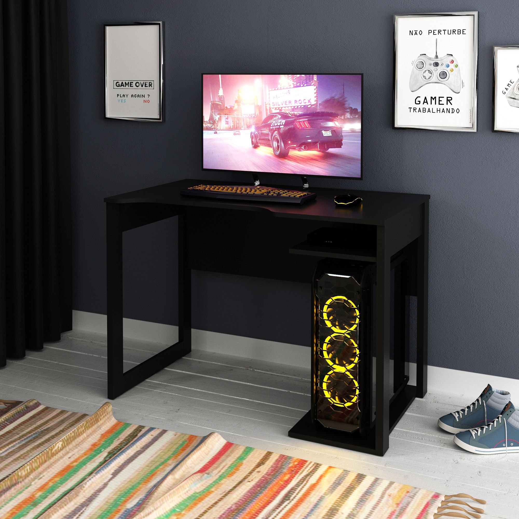 Mesa Gamer 105cm com 1 Prateleira e Porta CPU ME4161 Preto