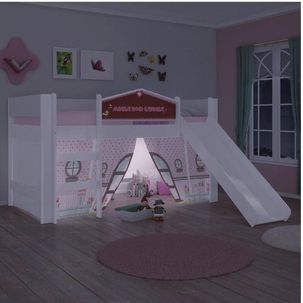 Cama Infantil Doce Casinha Play c/Escorregador e Led Pura Magia Branco/Rosa