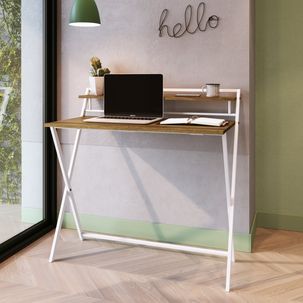 Escrivaninha Industrial Dobrável 1 Prateleira 93cm SW014 Placa e Ponto Branco/Noce Oro