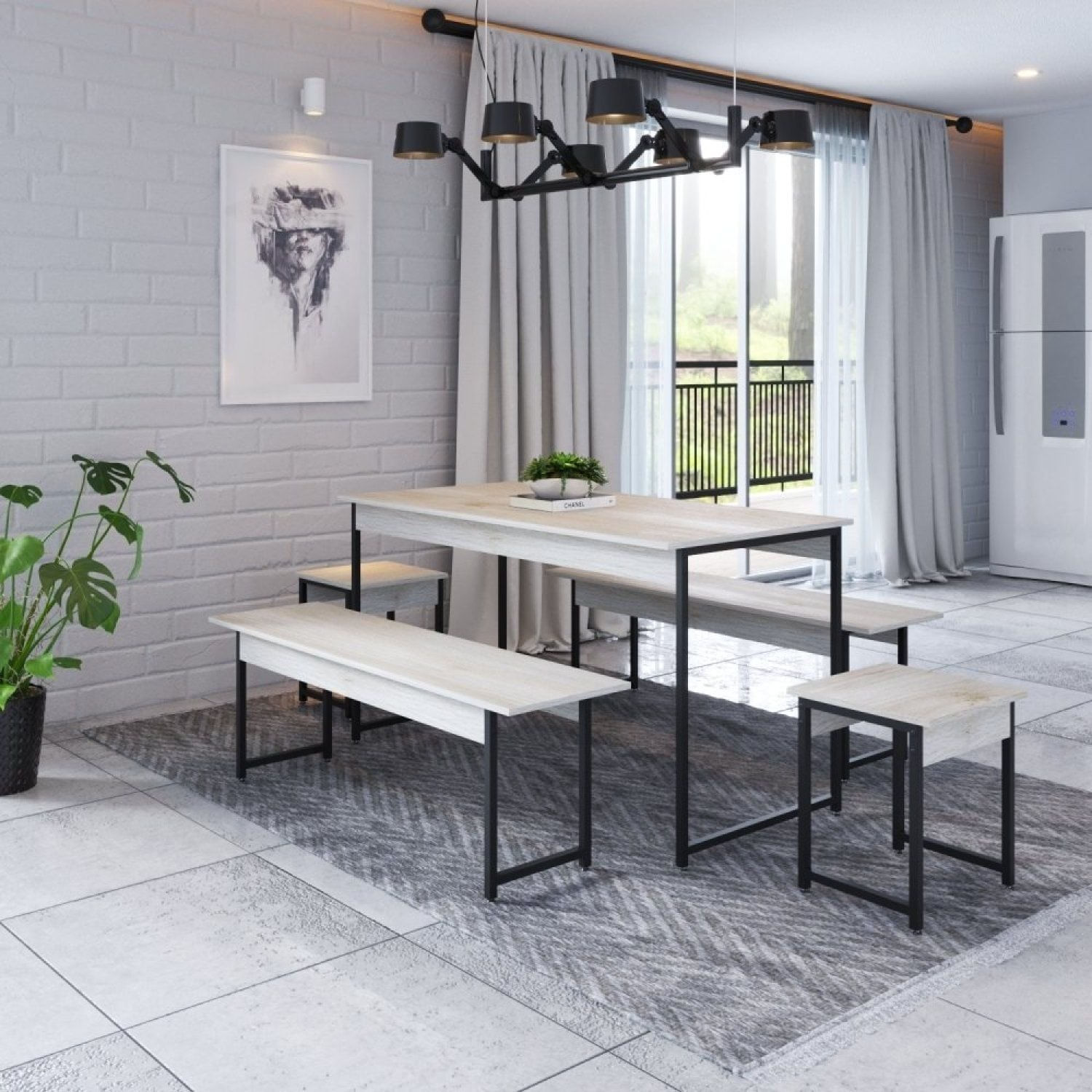 Conjunto Mesa Jantar Industrial 2 Bancos/2 Banq-snow/preto