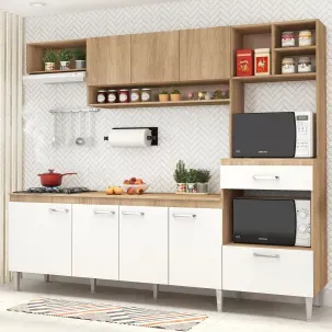 Cozinha Compacta Modulada com Tampo 8 Portas 1 Gaveta Inova Carvalho/Branco