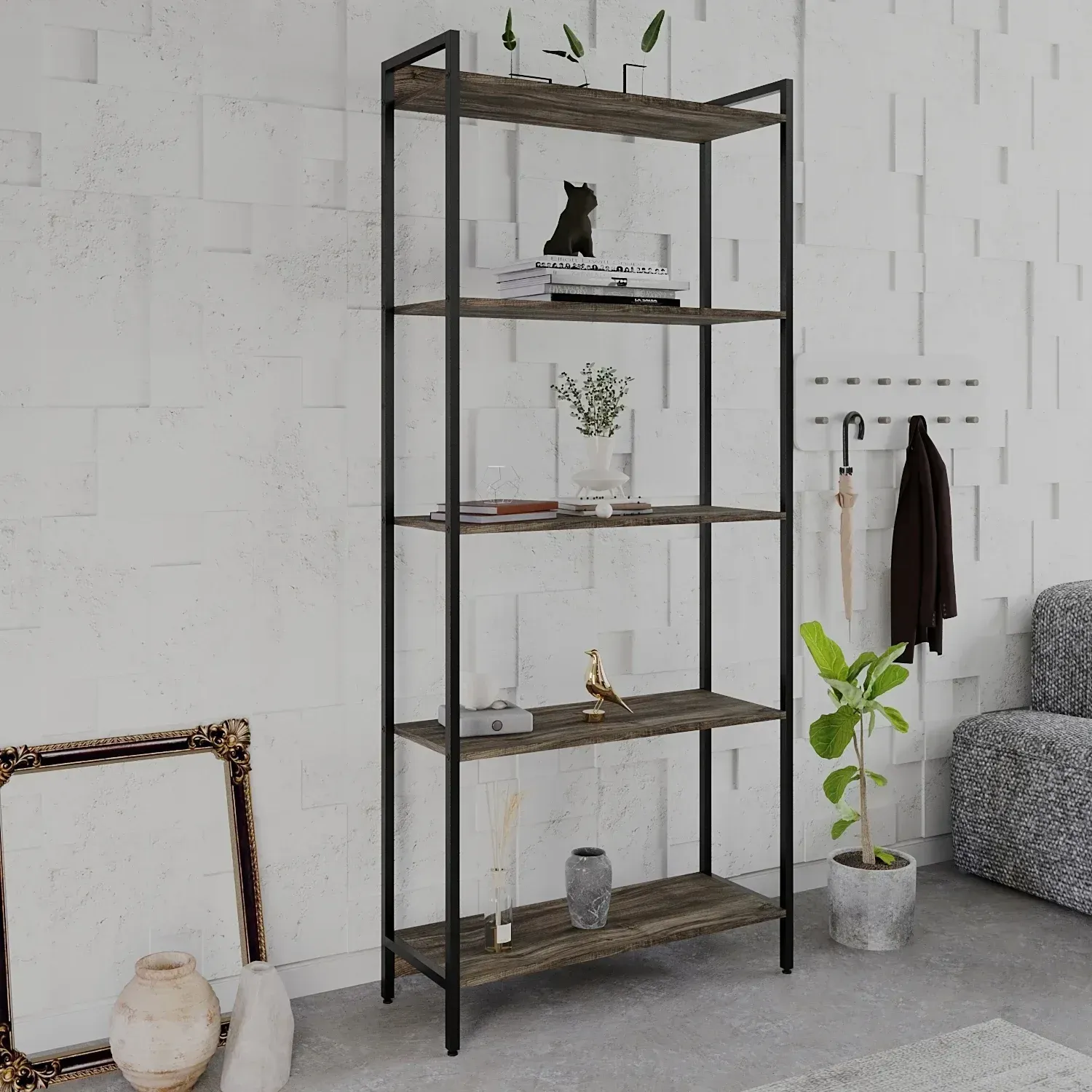 Estante para Livros Industrial Aço Multiuso 5 Prateleiras 187cmx80cm Active Yescasa Carvalho Dark