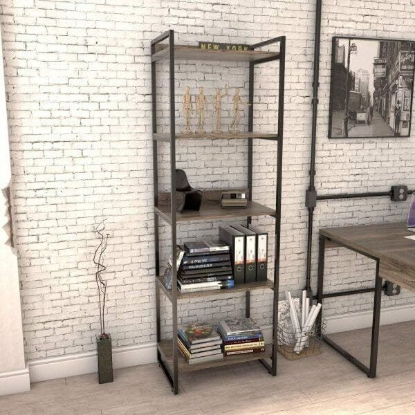 Estante Multiuso 5 Prateleiras 187x60cm Industrial Kuadra Carvalho Dark