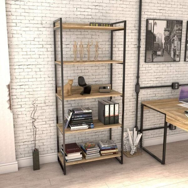 Estante para Livros Industrial 187cmx80cm 5 Prateleiras Kuadra Carvalho